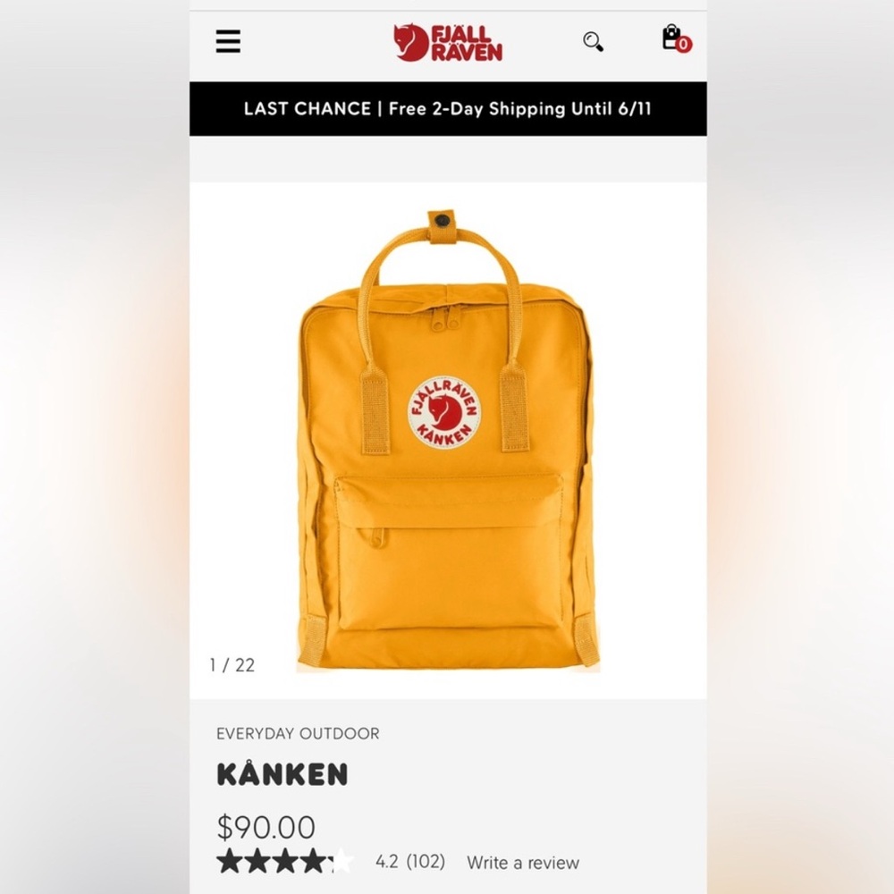 Fjallraven Kånken Yellow Backpack, New with Tags